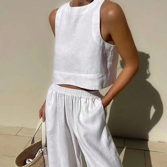 Tops - White Casual Women's Cotton Linen Sleeveless Top And Cropped Pants Set